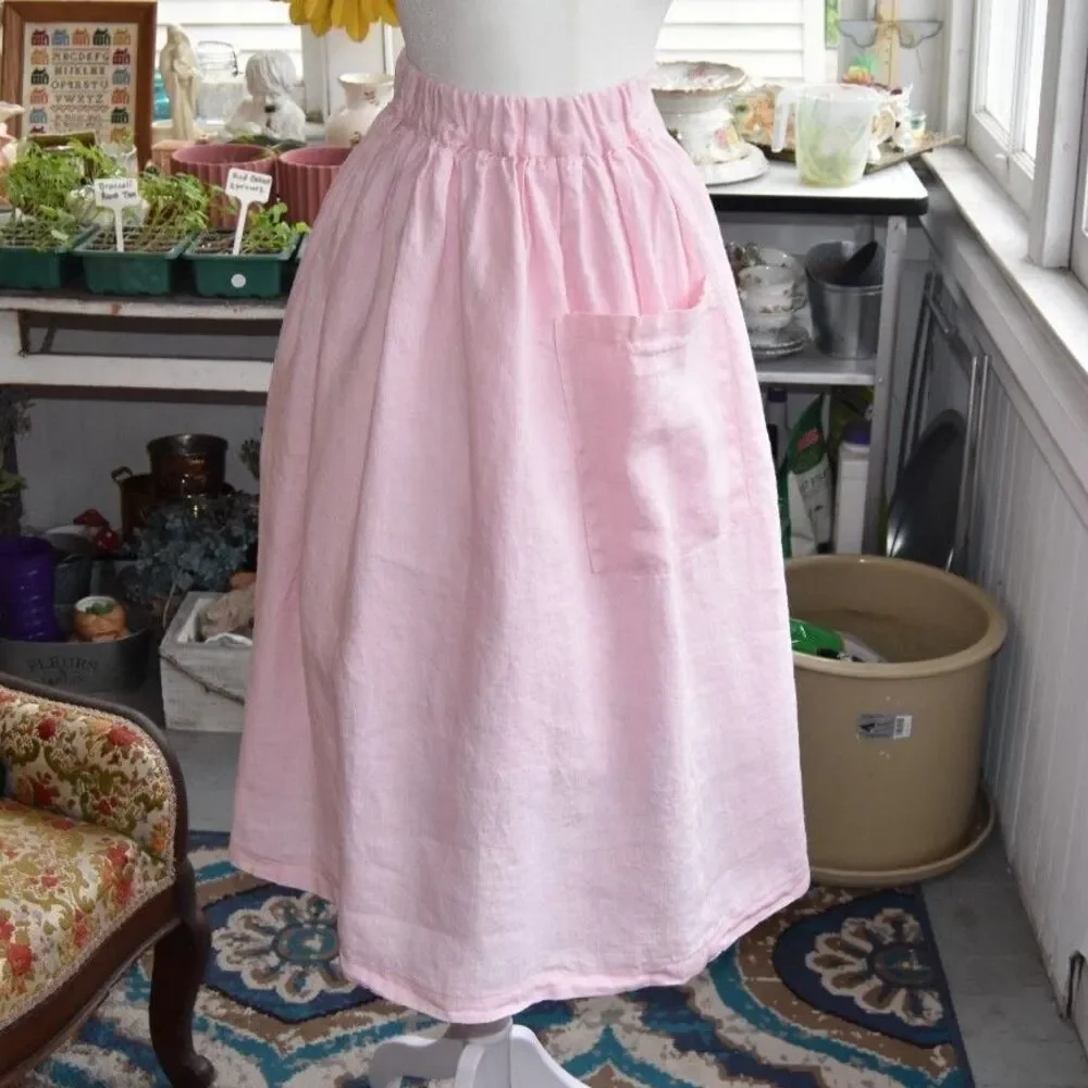 Y2K Does 50s Pink Linen Button Front Midi Skirt Pockets Cottagecore Size S